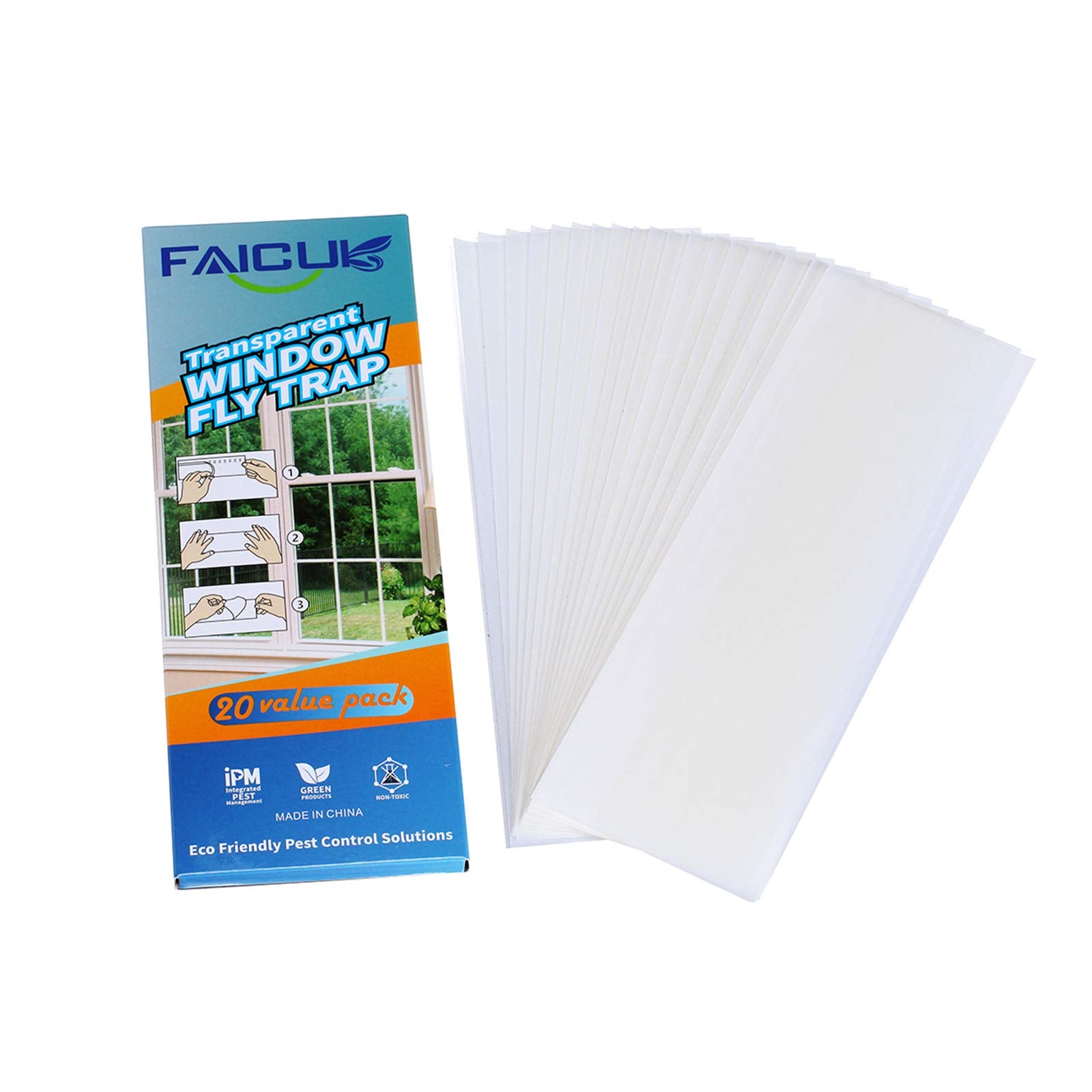 Faicuk 20-pack window fly traps, clear strips catching houseflies on glass.