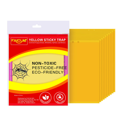 Faicuk yellow dual-sided sticky trap pack showing pest capture for monitoring