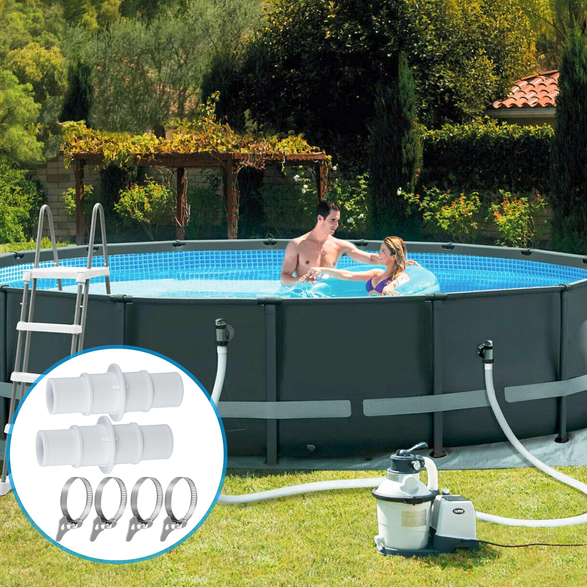 Durable PVC pool hose adapter and stainless clamps for long-lasting use