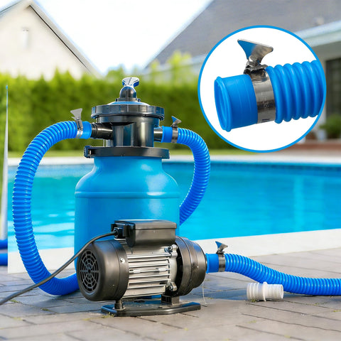 Fairooth pool hose connected to a pump during use.