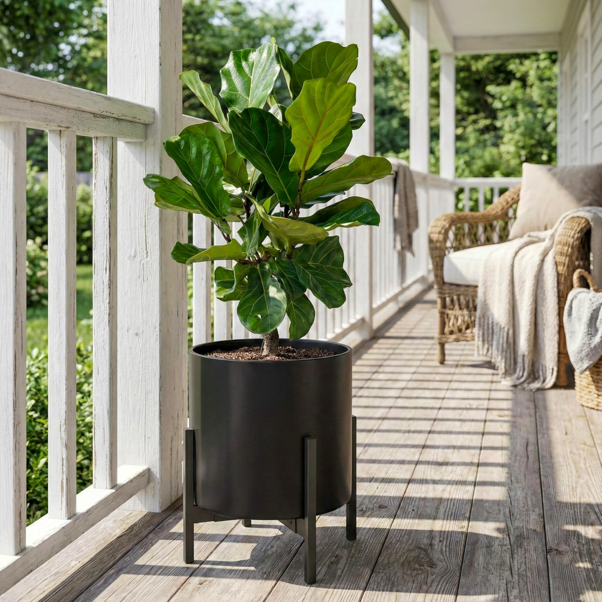 FaithLand 12-inch fiberstone planter indoor-outdoor use demonstrates year-round durability.