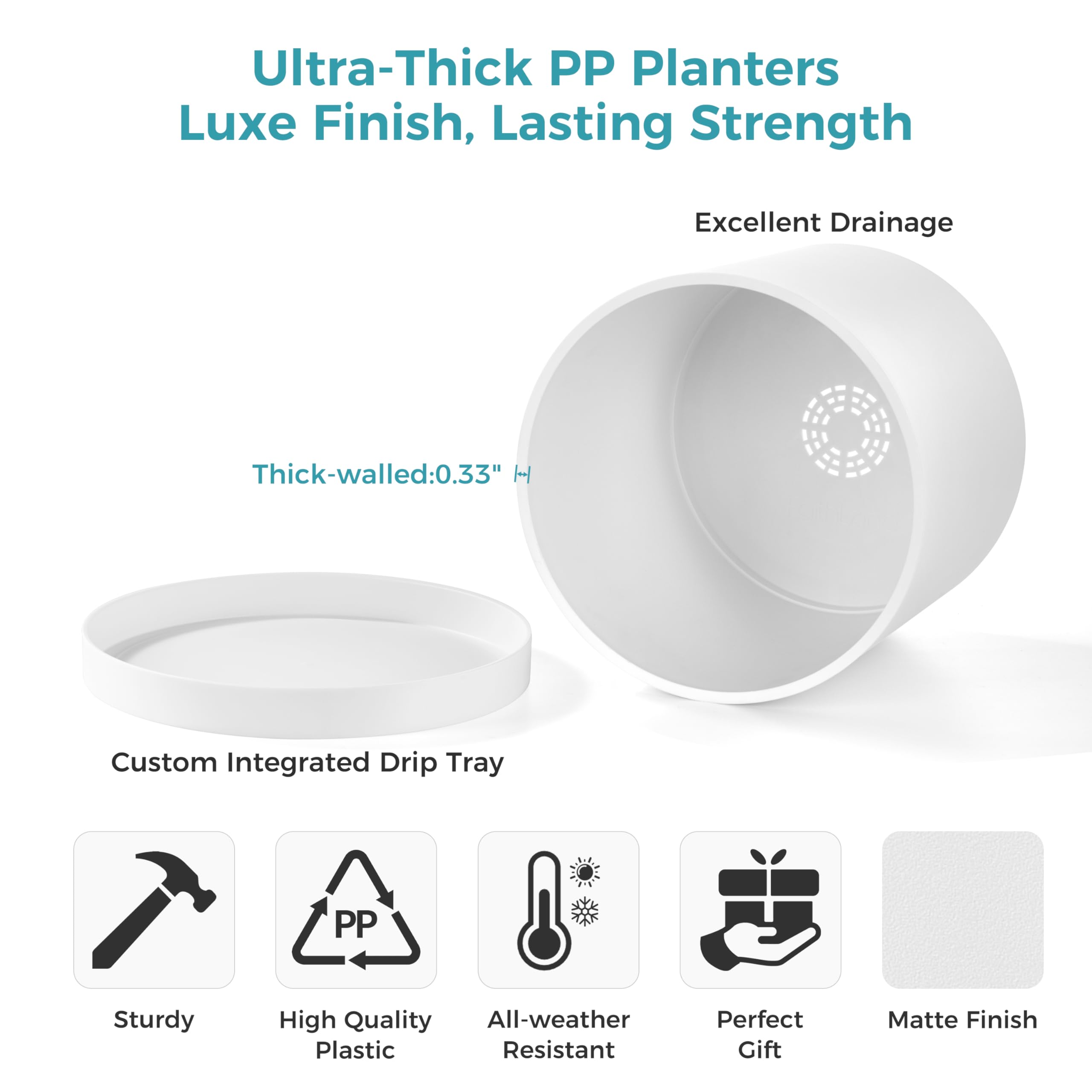 FaithLand thick-walled PP planter emphasizes durability for large indoor plants.