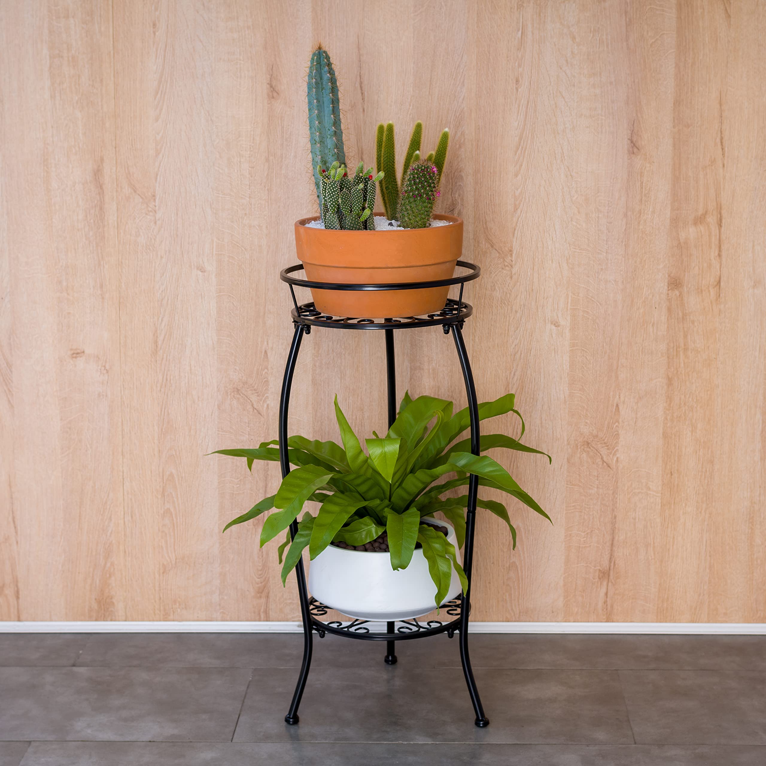 FaithLand two-pack metal plant stands offer sturdy, rustproof indoor outdoor display solutions.