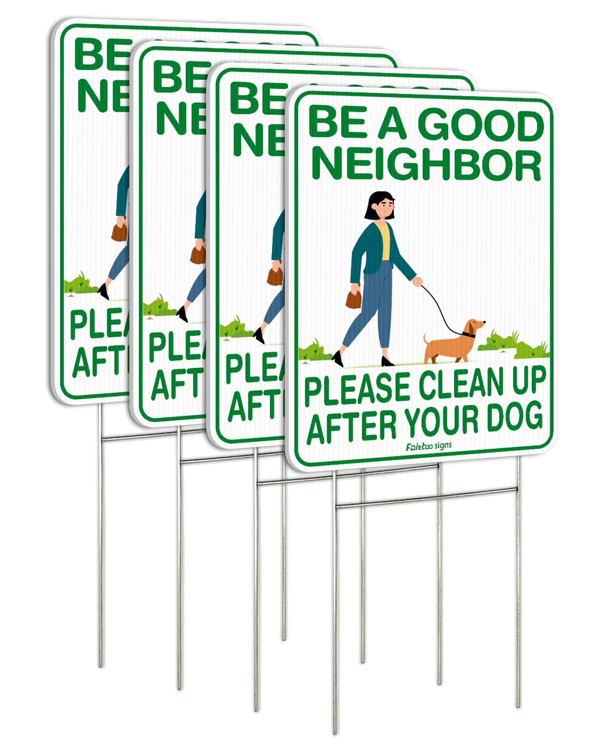 Faittoo Clean Up After Your Dog sign, front view, encourages neighbors to pick up after pets.