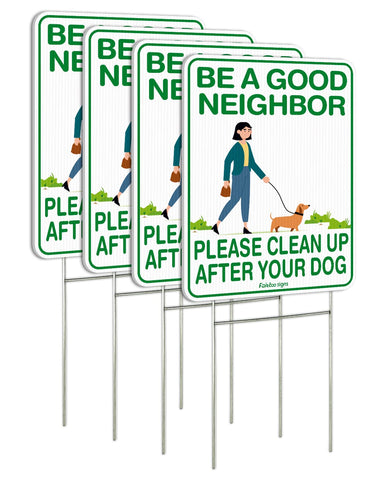 Faittoo Clean Up After Your Dog sign, front view, encourages neighbors to pick up after pets.