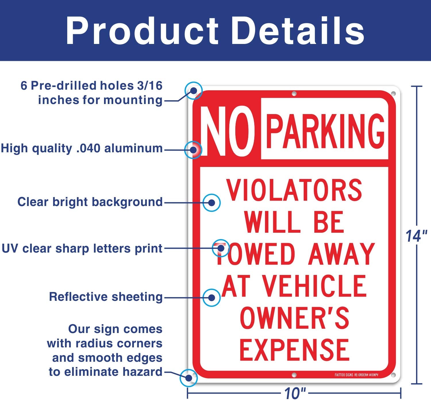 Faittoo No Parking Sign reflective surface aids night readability under headlights.