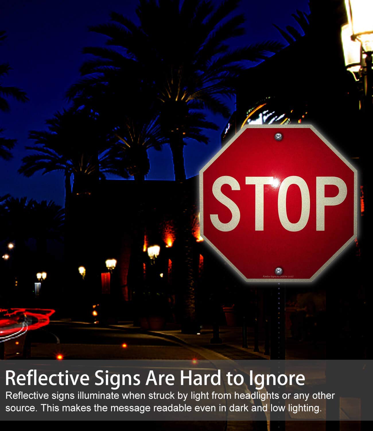 Faittoo stop sign illuminated by headlights enhances readability.