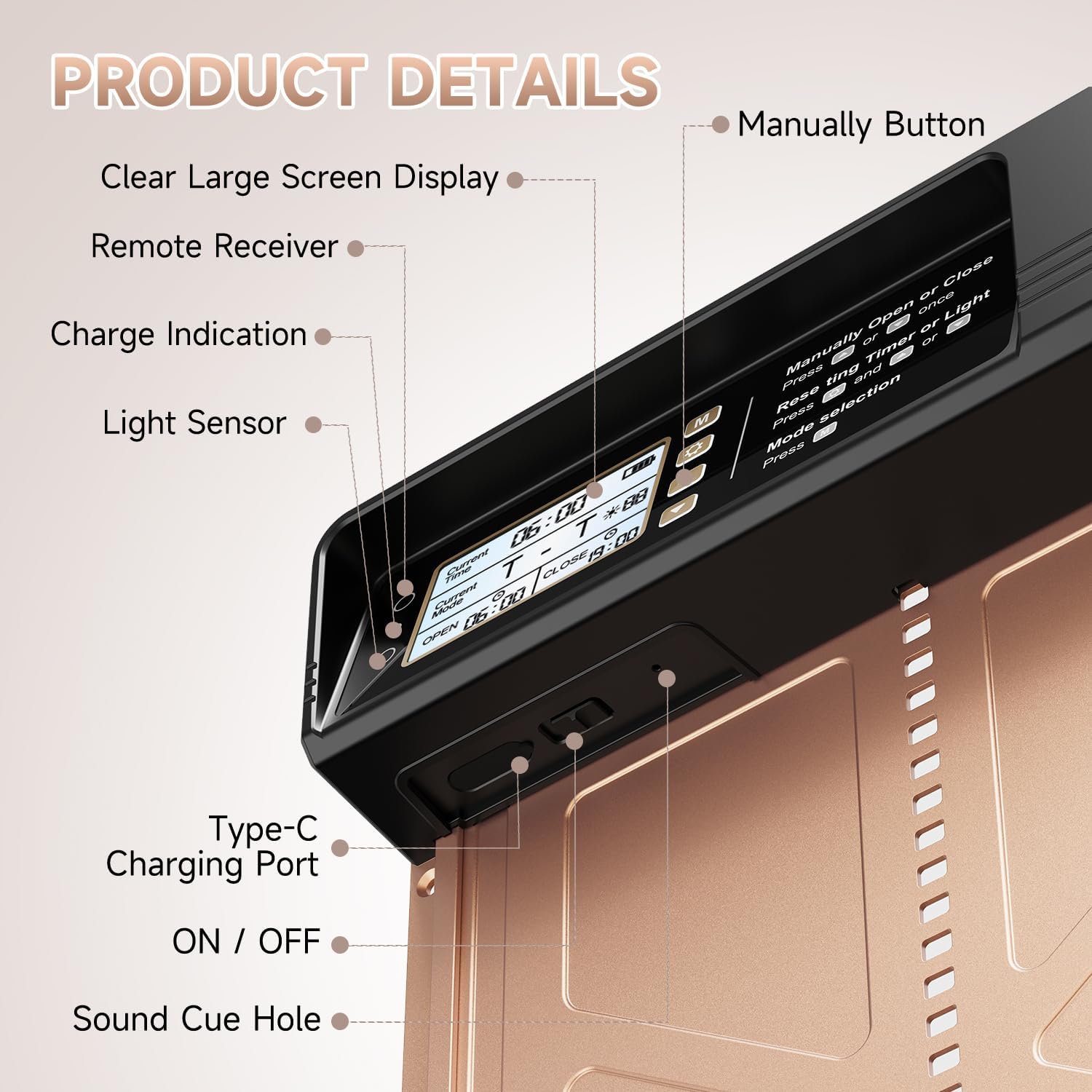 FAKI automatic chicken coop door battery compartment with 2000mAh capacity powering long days.