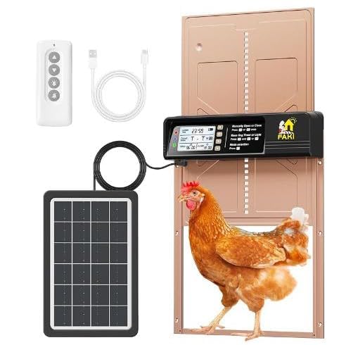 FAKI automatic chicken coop door with solar panel for hands-free operation.