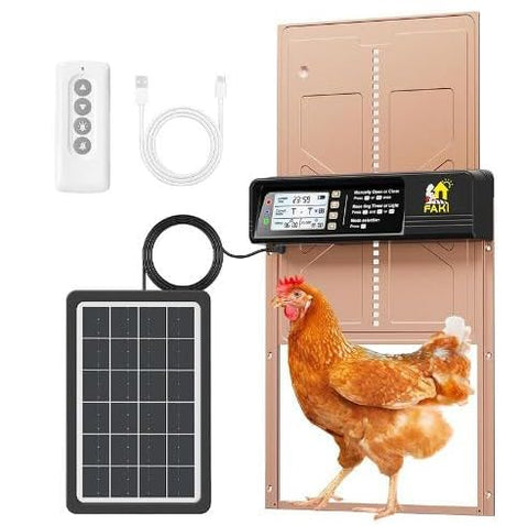 FAKI automatic chicken coop door with solar panel for hands-free operation.