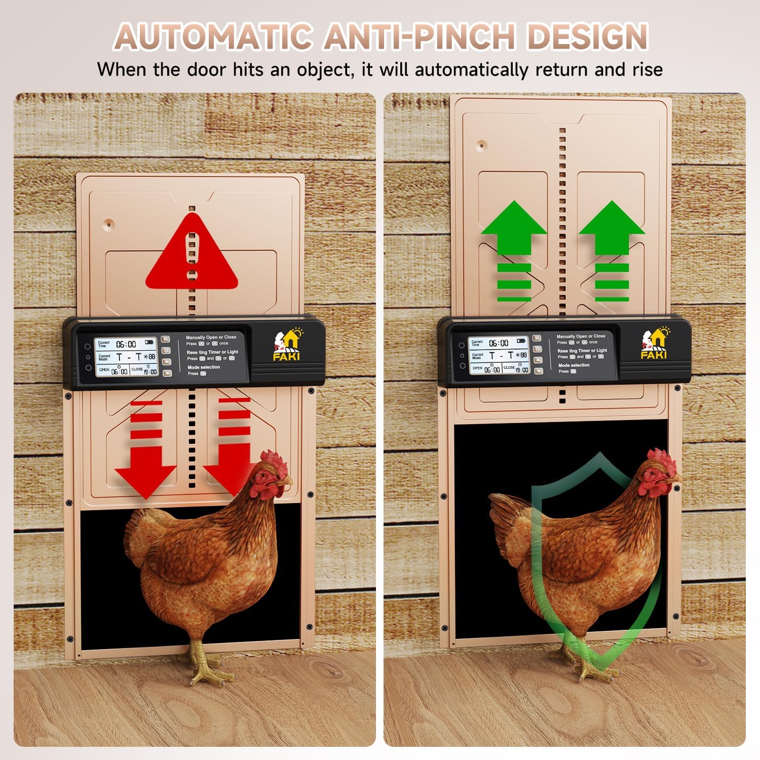 FAKI intelligent timer and light sensor guide precise door actions for day-night cycles.