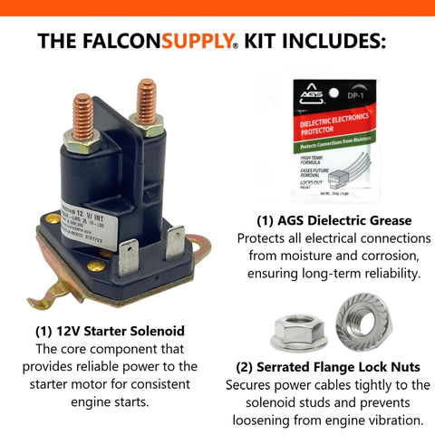 FalconSupply starter solenoid kit packaging includes dielectric grease for corrosion protection.