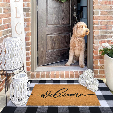 Fallovea black and white plaid rug close-up adds chic entryway.