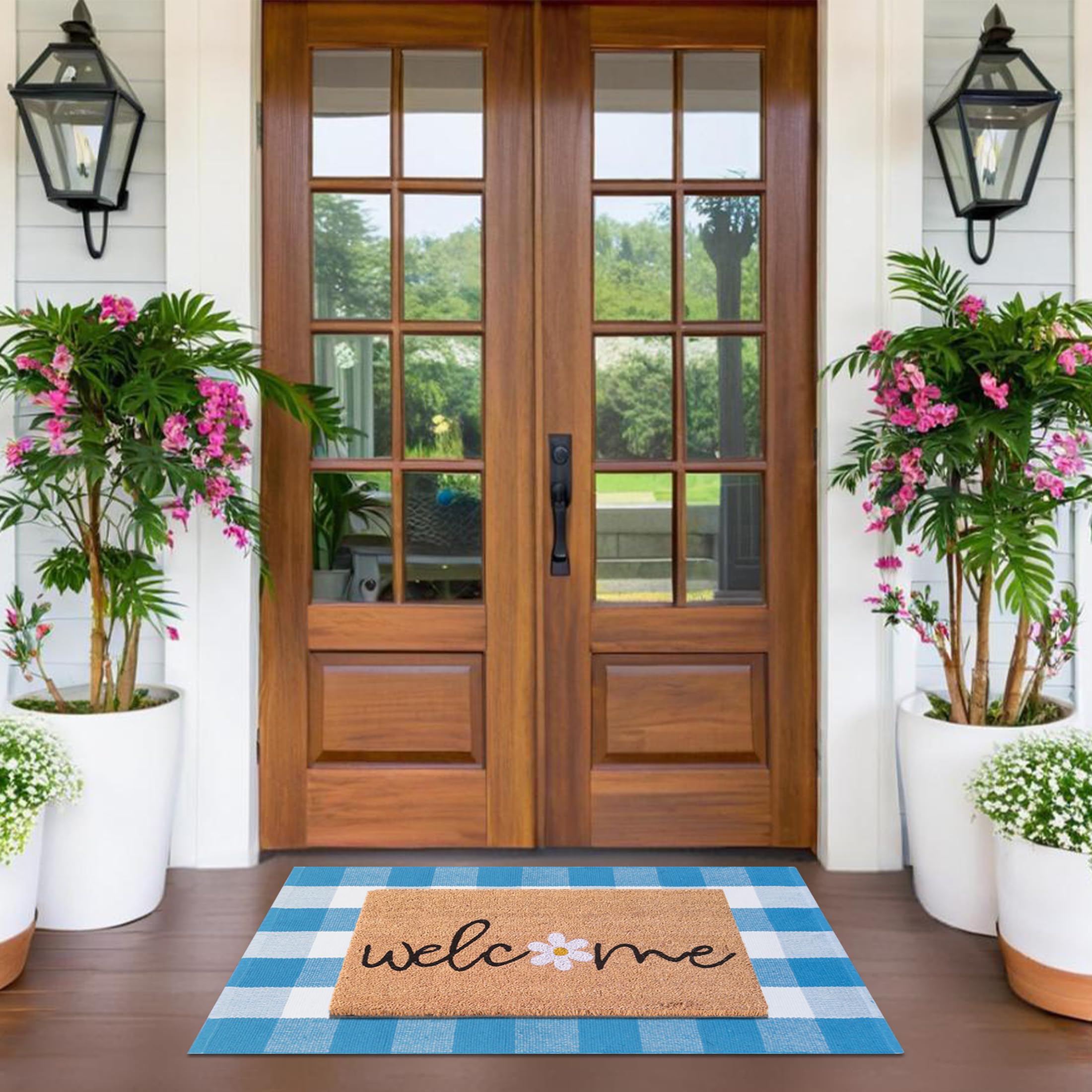 Fallovea blue and white plaid rug, 28x43, adds fresh porch contrast.