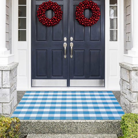 Fallovea blue-white plaid rug complements living rooms with classic, versatile style.