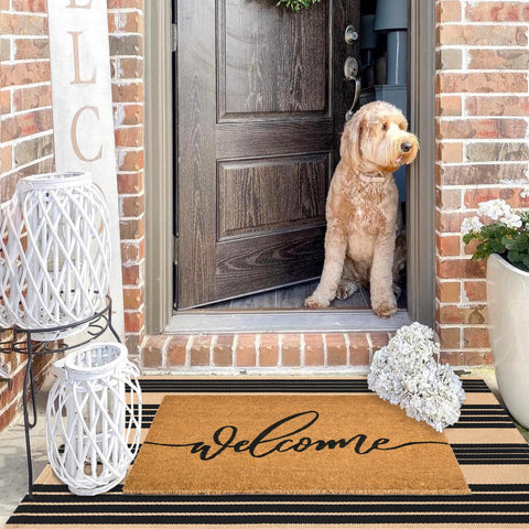 Fallovea cocoir doormat closeup emphasizing durable fibers for daily traffic.