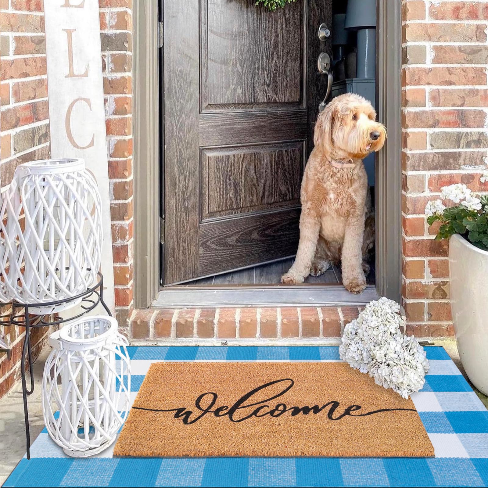 Fallovea Front Porch Plaid Rug enhances curb appeal and versatile decor.