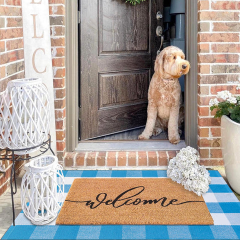 Fallovea Front Porch Plaid Rug enhances curb appeal and versatile decor.