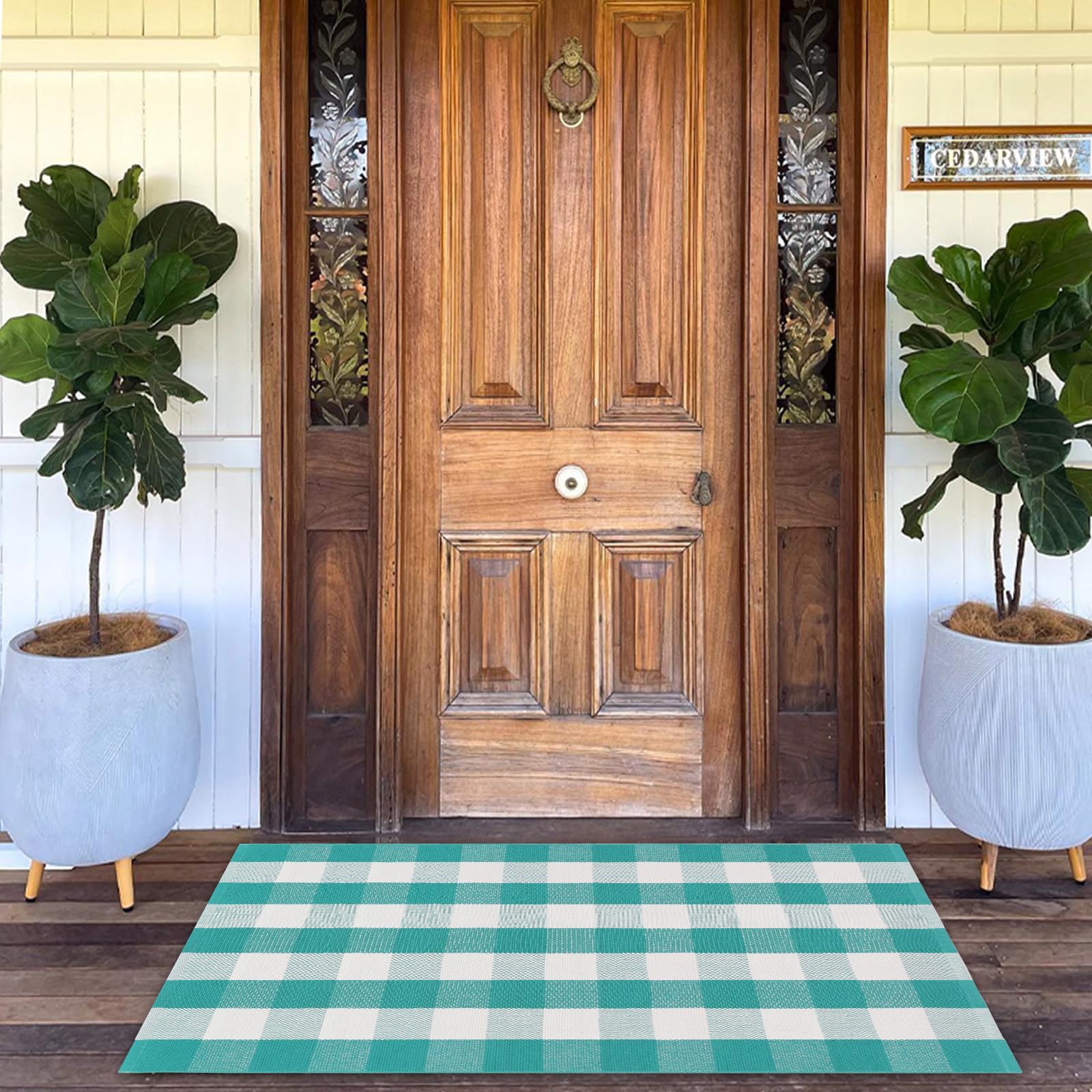 Fallovea green-white plaid rug for outdoor and indoor use; soft yet durable.