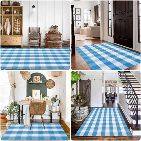 Fallovea indoor-outdoor plaid rug shows layered texture and durable fibers.