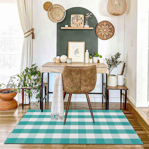 Fallovea green-white plaid rug feels soft underfoot and resists heavy use.