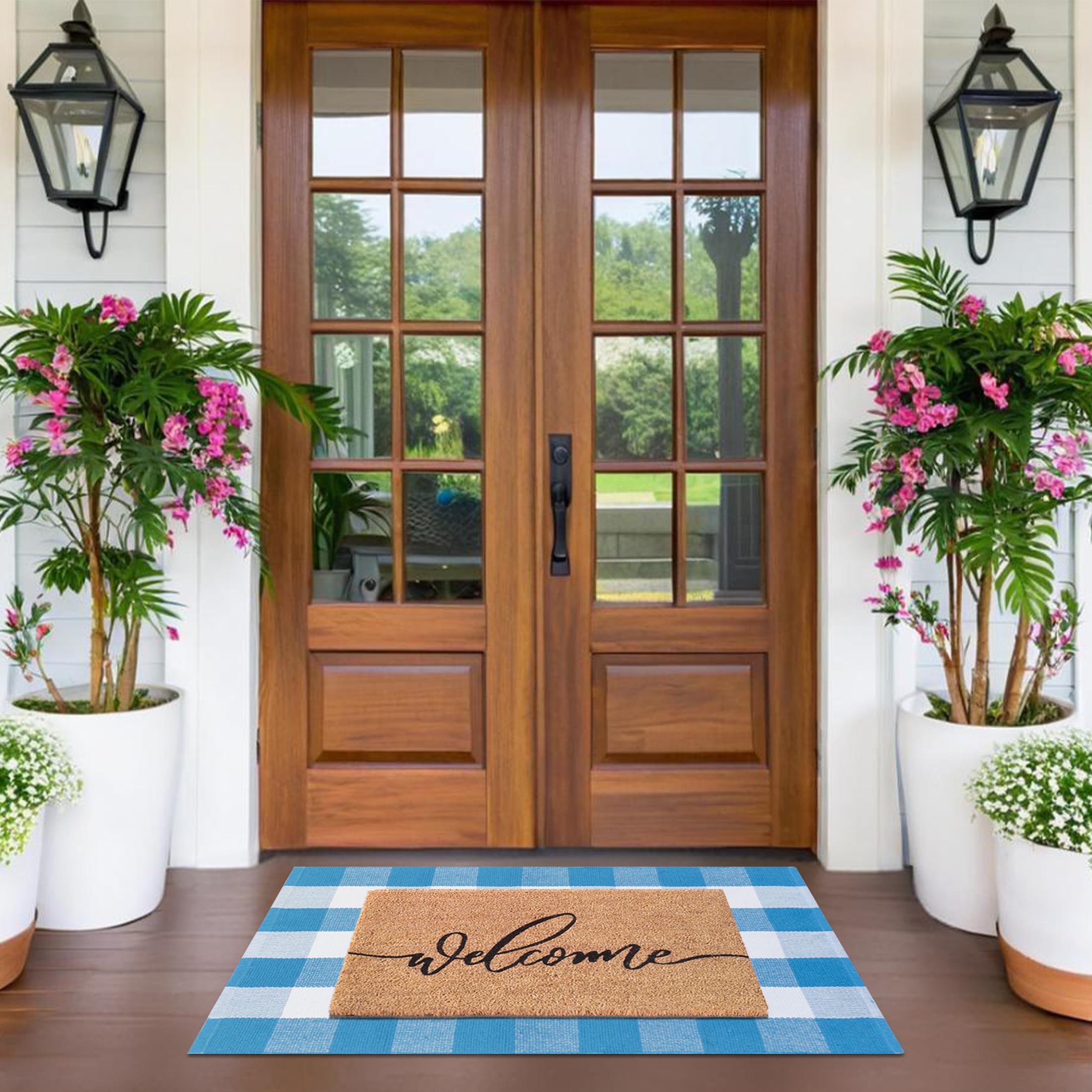 Fallovea Plaid Rug Blue White displays crisp color to brighten entrances.