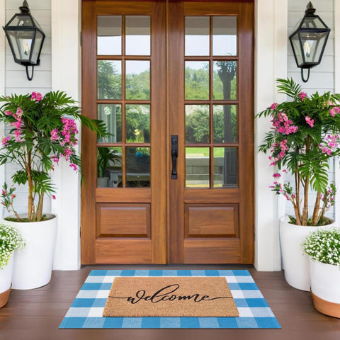 Fallovea Plaid Rug Blue White displays crisp color to brighten entrances.
