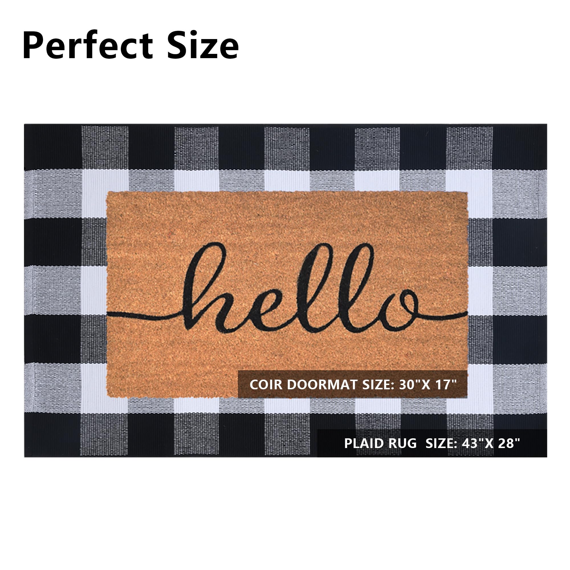 Fallovea plaid rug buffalo black white, adds timeless style to porch.