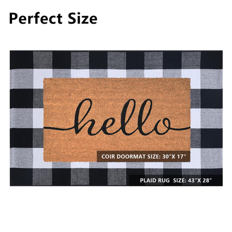 Fallovea plaid rug buffalo black white, adds timeless style to porch.