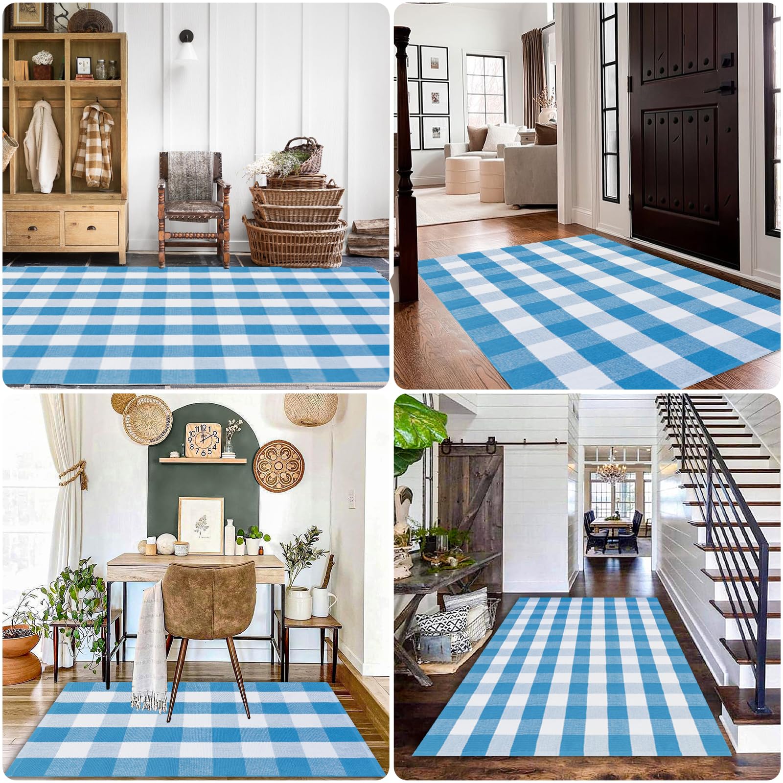 Fallovea plaid rug stack highlights lightweight, easy-care design.
