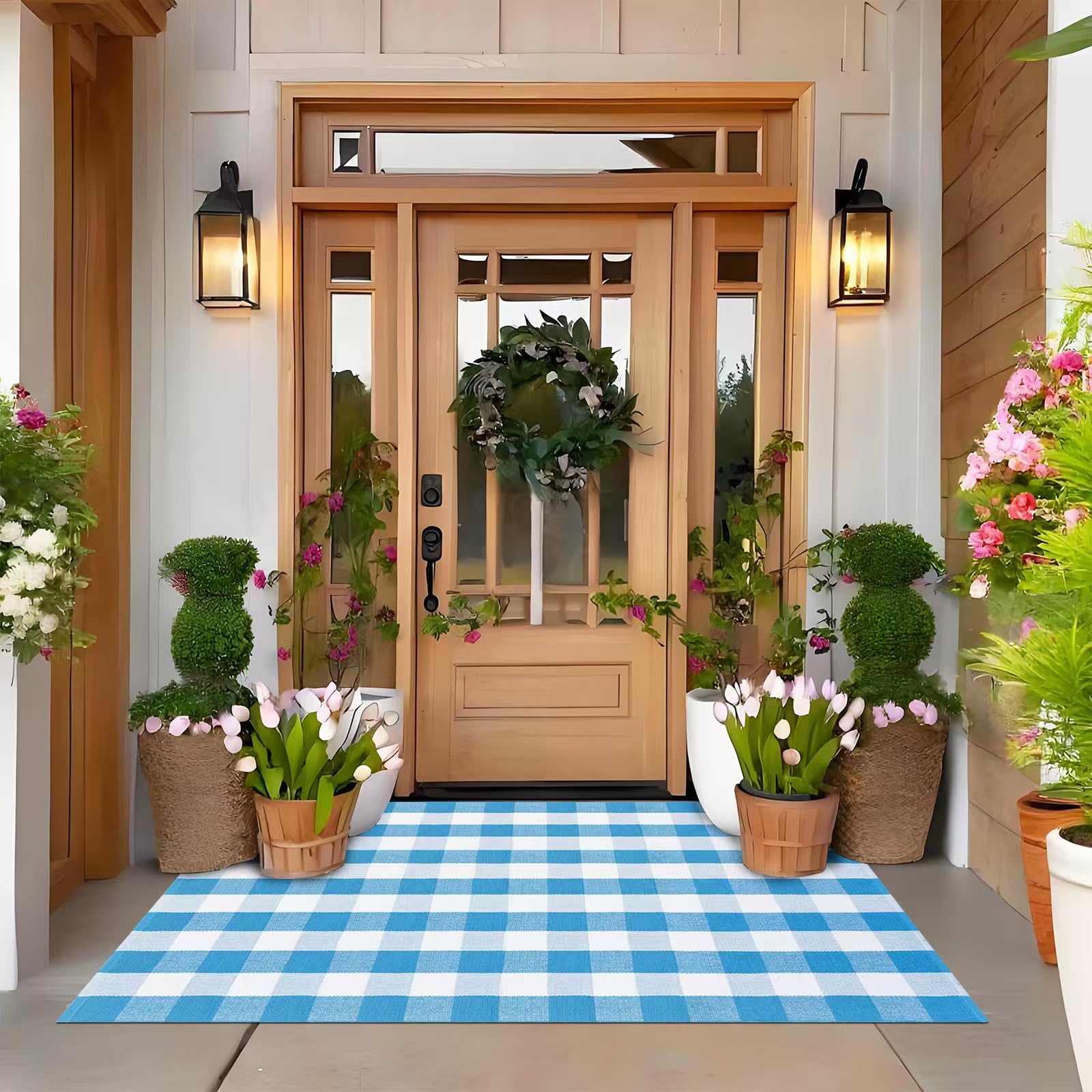 Fallovea blue and white plaid rug 4x6, soft yet durable for indoor or outdoor use.