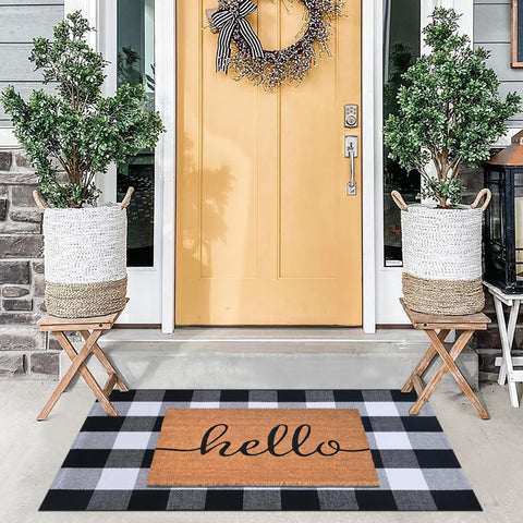 Fallovea welcome mat outdoors, designed to withstand daily foot traffic.