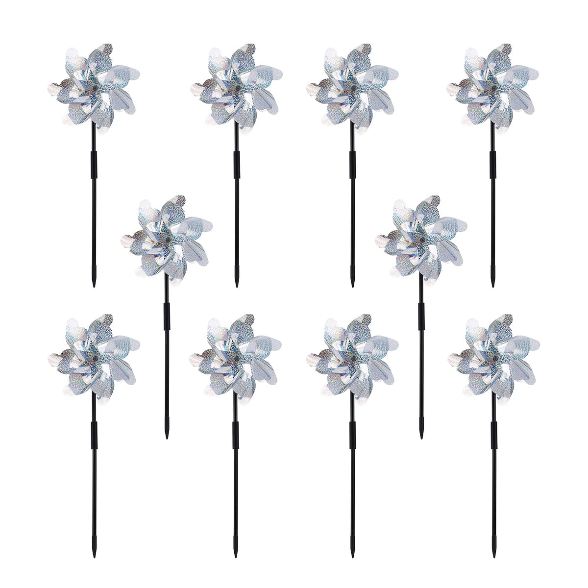 FameFame reflective pinwheels with stakes gleam in sunlight, adding dynamic garden motion.