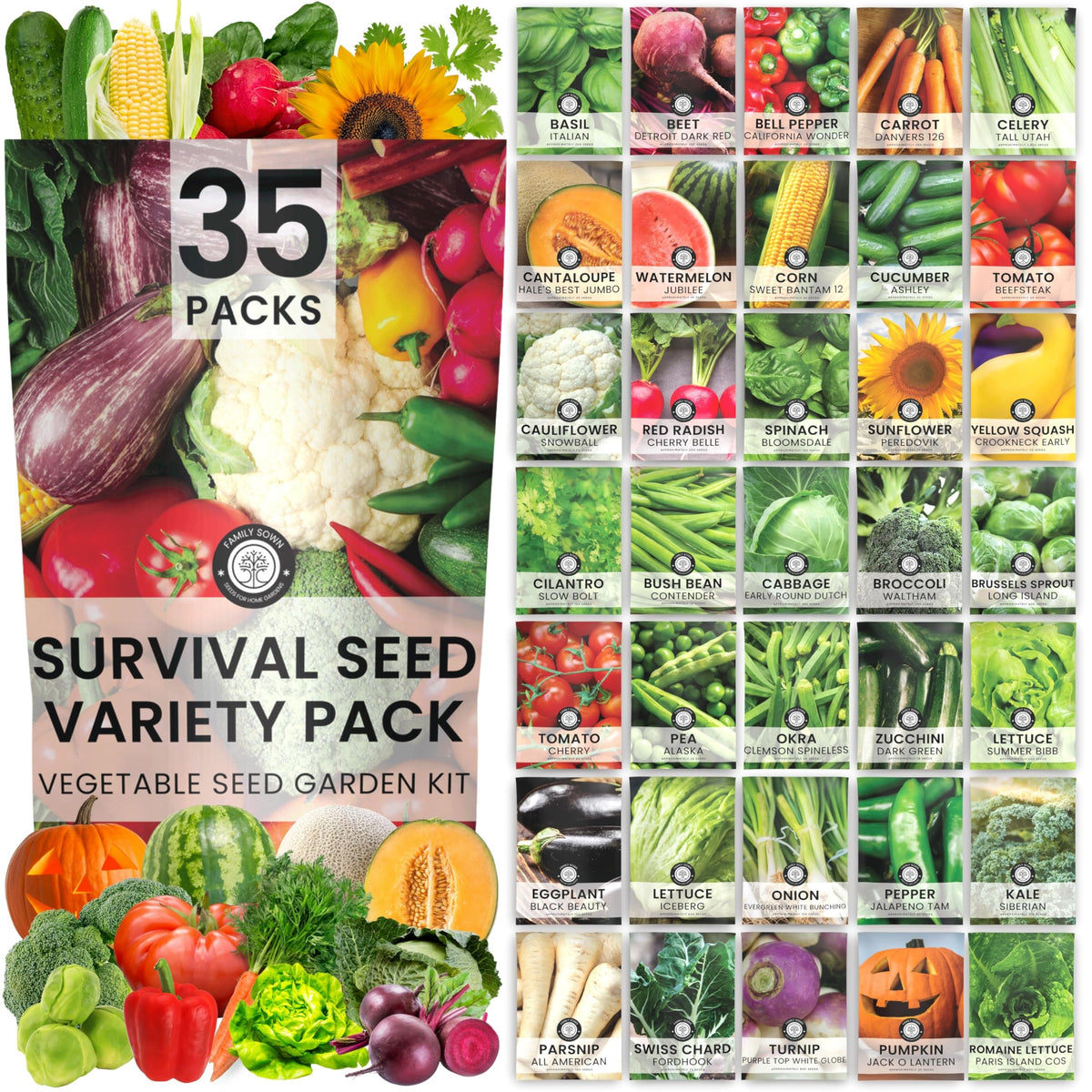 Family Sown 35-variety seed packets offer diverse vegetables for long-term self-sufficiency.