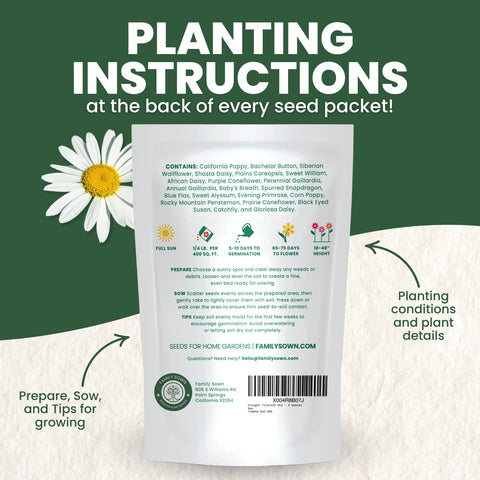 Family Sown 4-ounce freshness pouch maintains seed viability for easy sowing.
