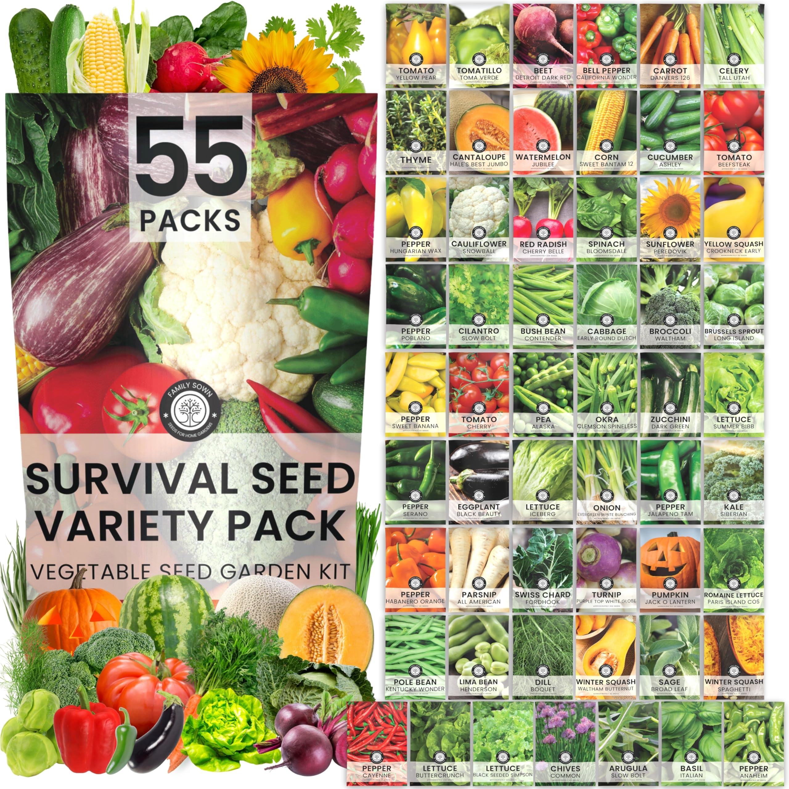Family Sown 55-variety seed packets kit for diverse home garden planning.