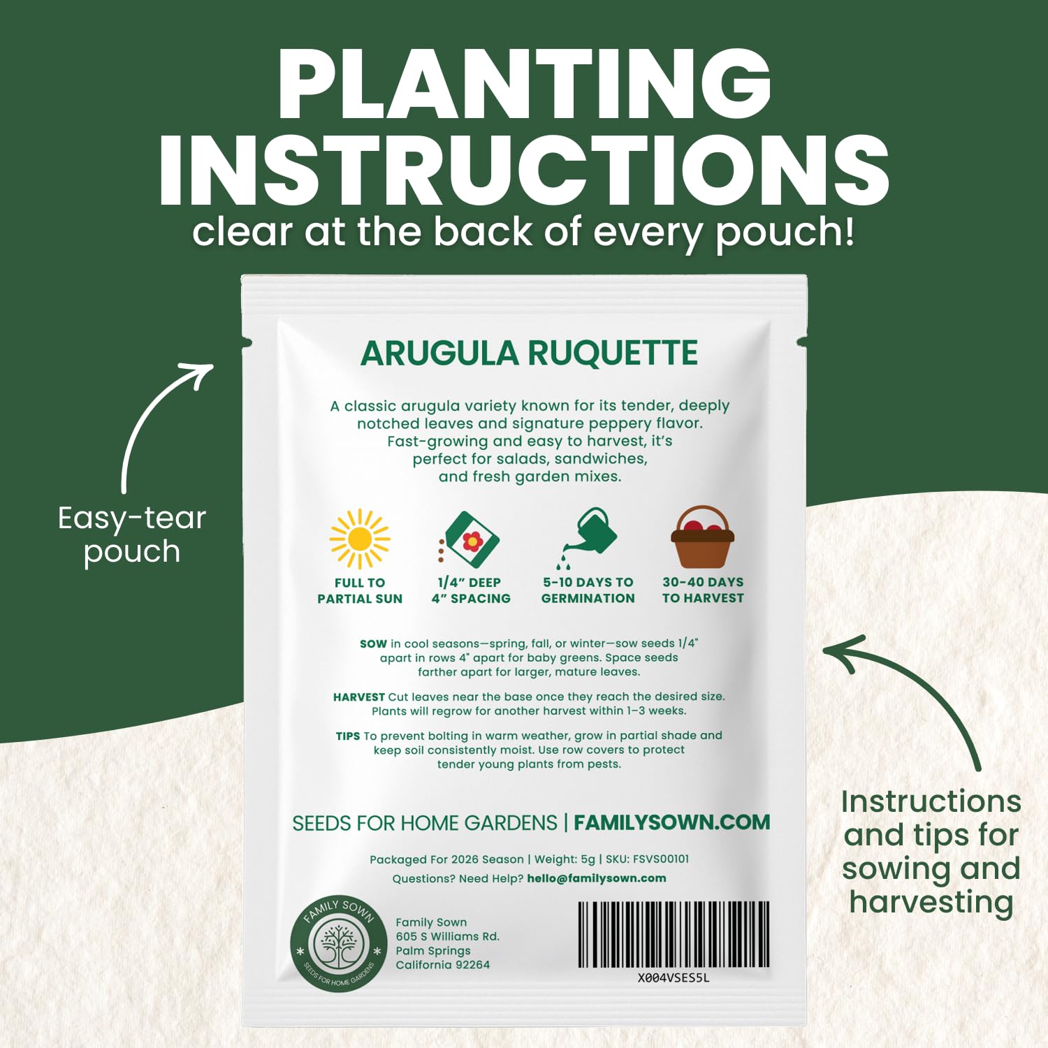 Family Sown Arugula Ruquette 5g freshness pouch keeps seeds fresh.