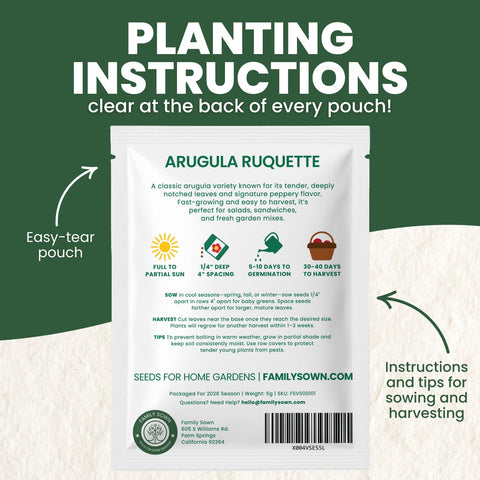 Family Sown Arugula Ruquette 5g freshness pouch keeps seeds fresh.