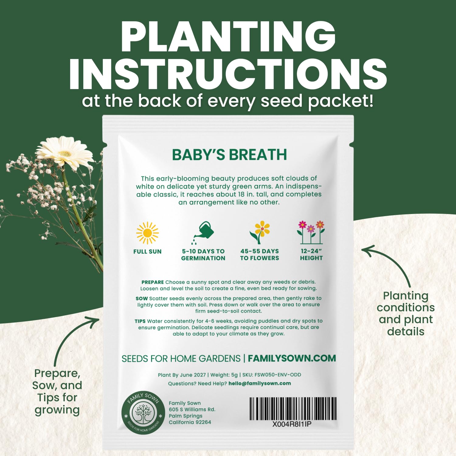 Family Sown Baby's Breath five-gram pouch preserves viability with clear sowing instructions.