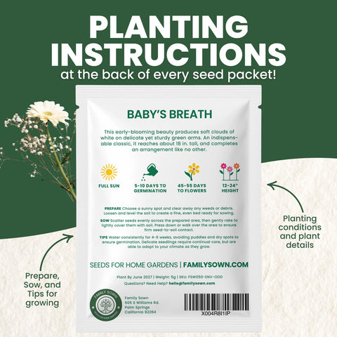 Family Sown Baby's Breath five-gram pouch preserves viability with clear sowing instructions.