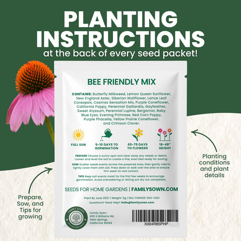 FAMILY SOWN Bee Friendly Mix 2026 packaging preserves freshness and germination.