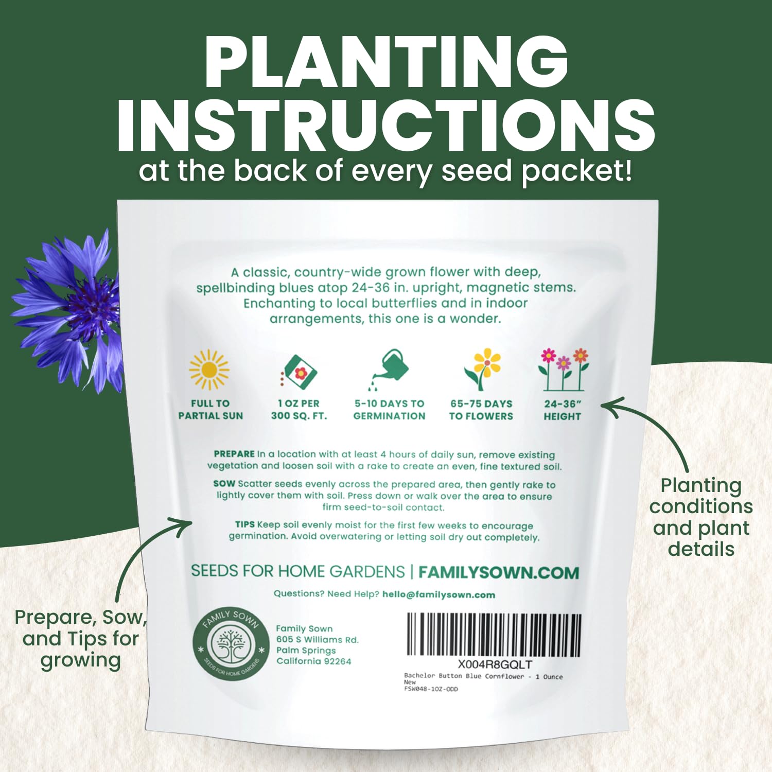 FAMILY SOWN blue cornflower sowing in-pack demonstrates convenient planting instructions.