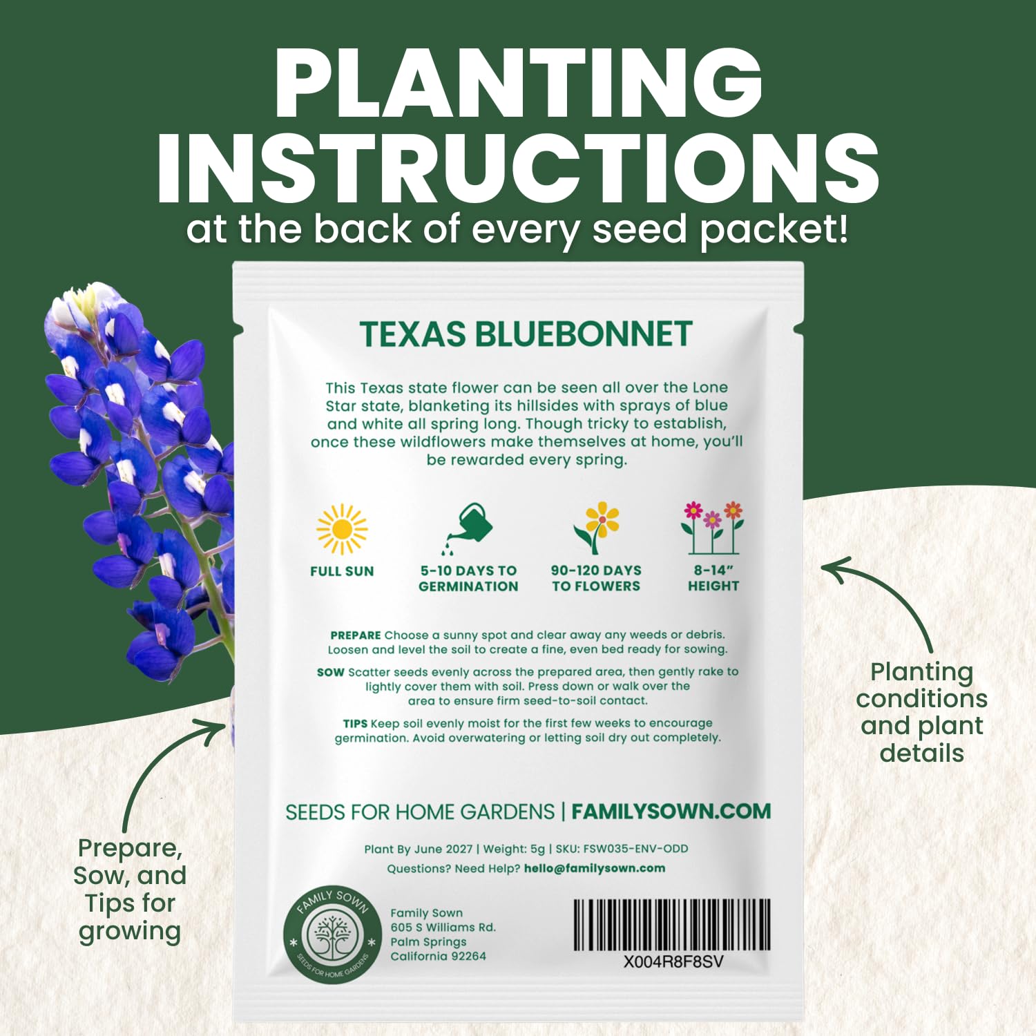 Seed pouch from Family Sown with bluebonnets offers clear planting guidance and freshness.