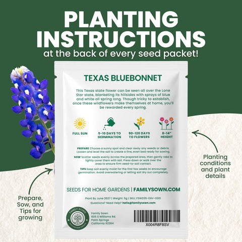Seed pouch from Family Sown with bluebonnets offers clear planting guidance and freshness.