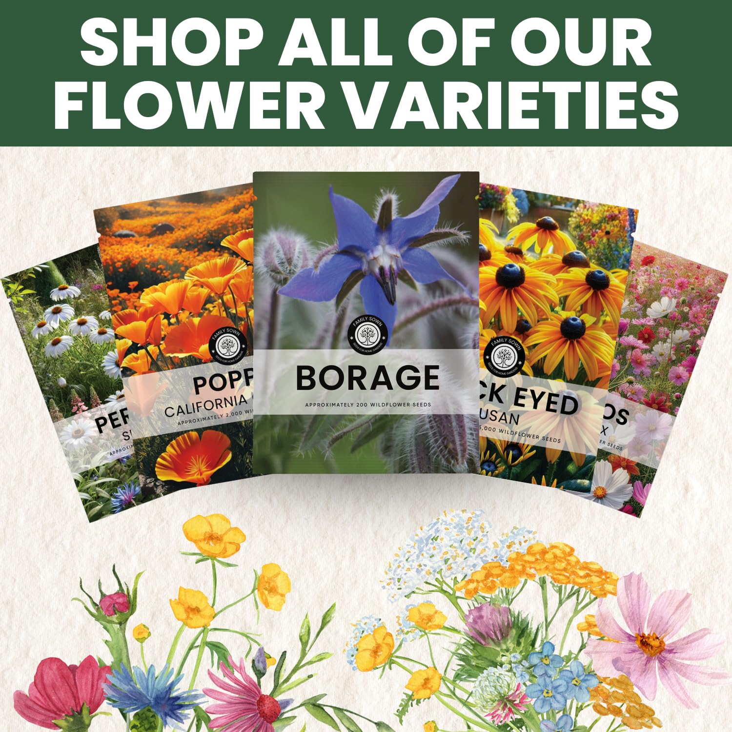 Family Sown 1,000 premium seeds offer prolific flowering.