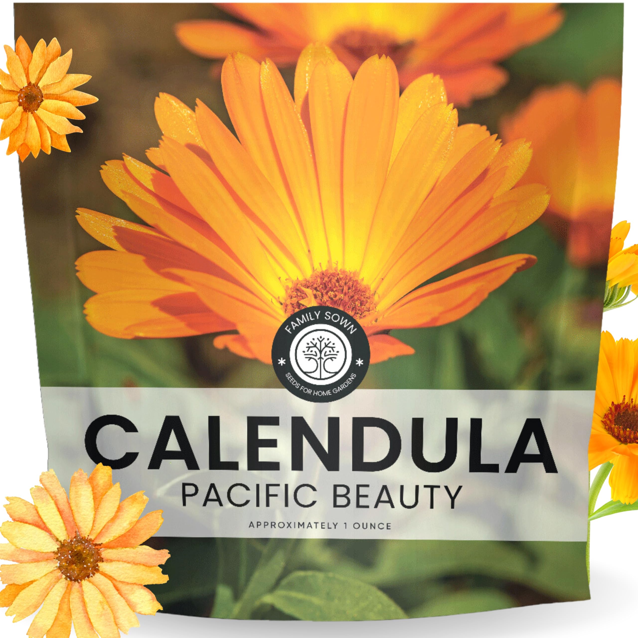 Family Sown Calendula Pacific Beauty seed packet front with border-ready blooms