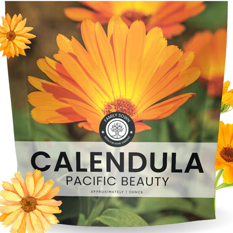 Family Sown Calendula Pacific Beauty seed packet front with border-ready blooms