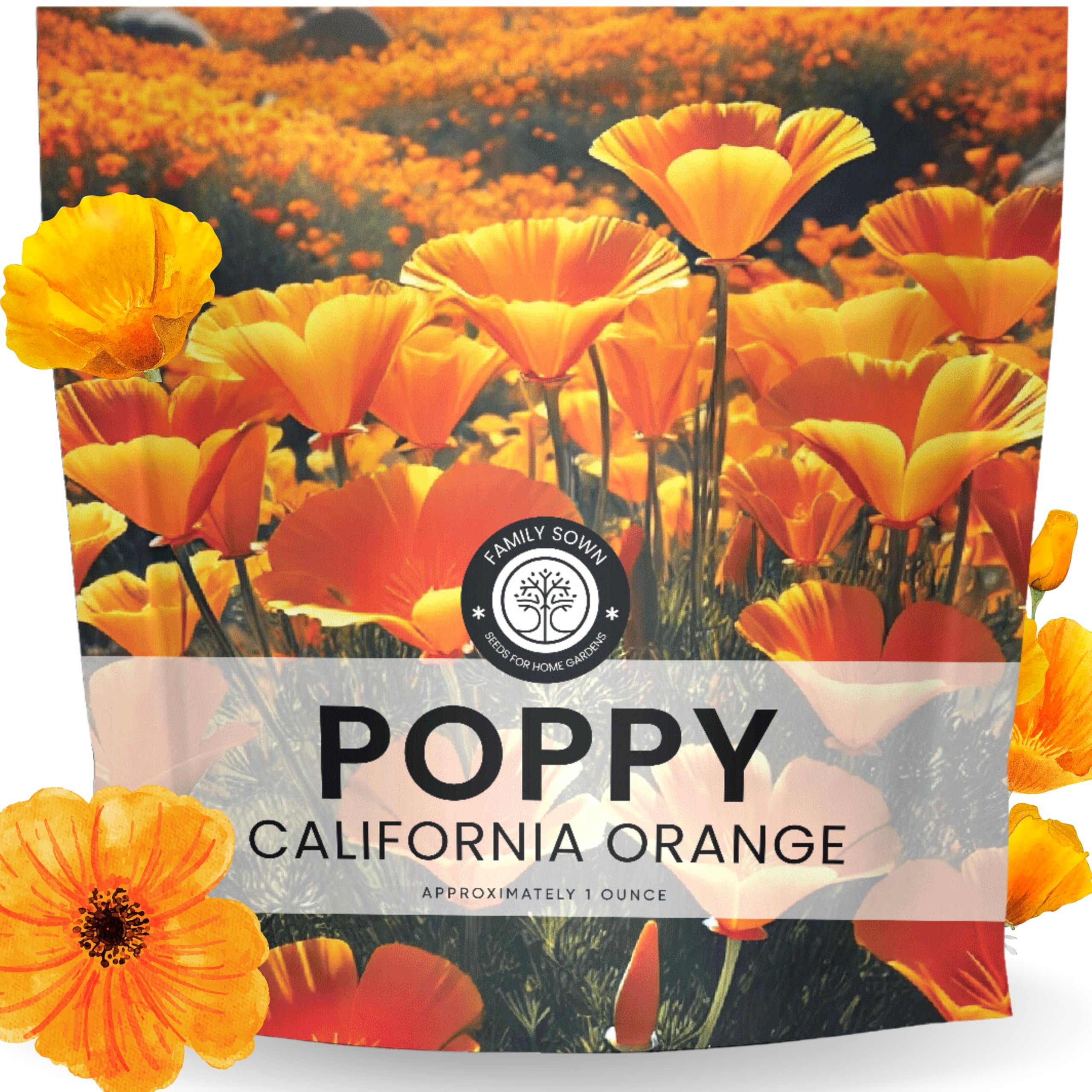 Family Sown California Poppy Orange seed packet ready for plantings and vibrant color.