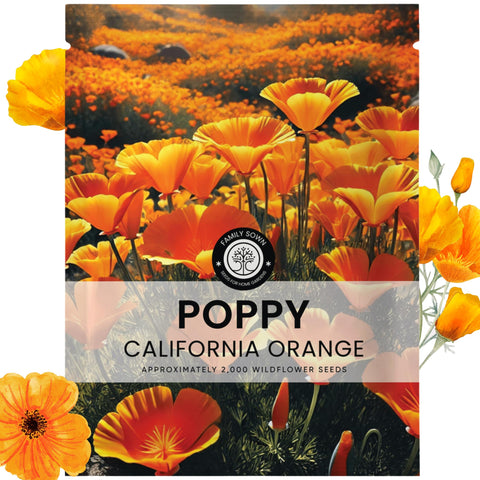 Family Sown California Poppy Orange seeds in a 5g envelope for vibrant garden borders.