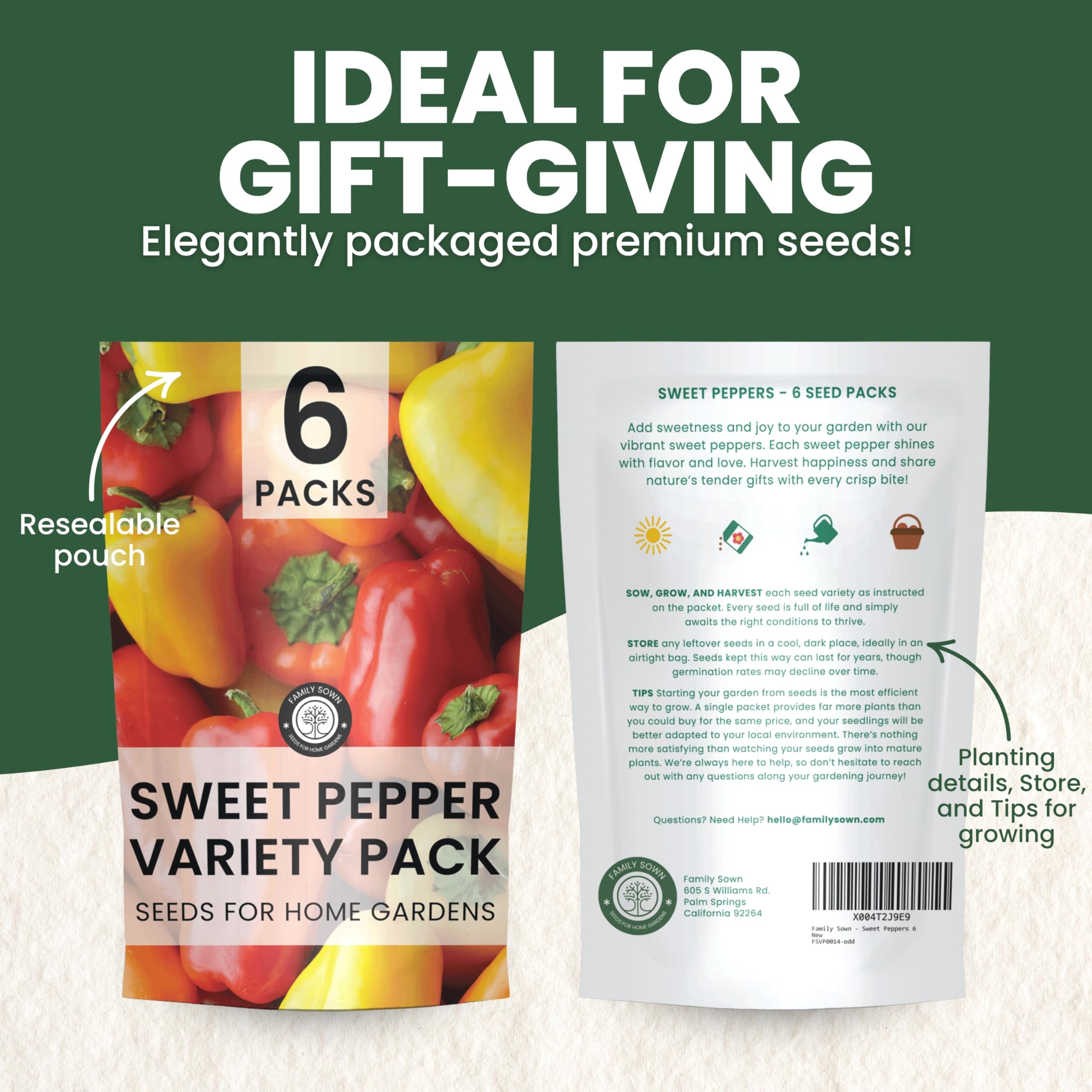 Family Sown California Wonder pepper seed packets, perfect for fresh eating and color-filled harvests.